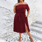 Damen Off-Shoulder Maxikleid mit eleganter Drapierung und seitlichem Schlitz R&B