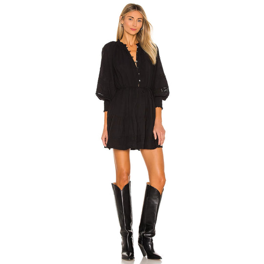 Damen luftiges Tunika-Kleid mit dekorativen Knopfdetails und Taillenzug R&B