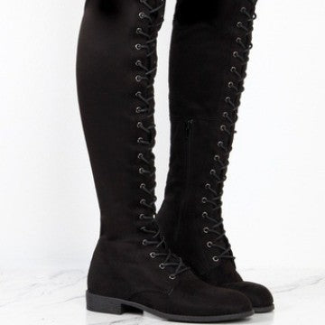 Damen Overkneestiefel aus weichem Wildleder mit dekorativem Schnür-Design R&B