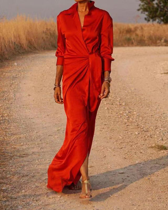Damen Elegantes Wickel-Maxi-Kleid mit vielseitigem Kragen und seitlichem Schlitz R&B