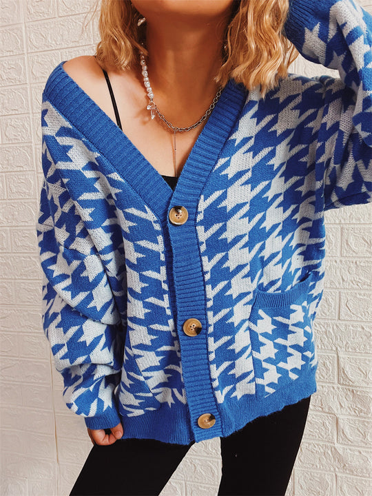 Damen gemütlicher Strickcardigan mit modernen Hahnentrittmuster und Knopfdetails R&B