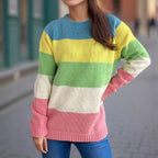 Damen lässiger Strickpullover mit bunten Blockstreifen und weitem Schnitt R&B