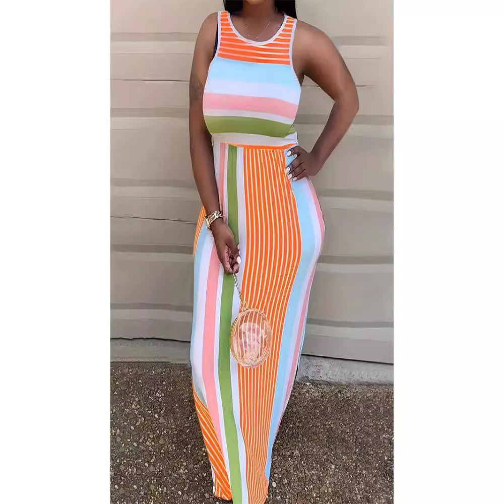 Damen Maxikleid mit farbenfrohem Streifenmuster und figurbetonendem Schnitt R&B