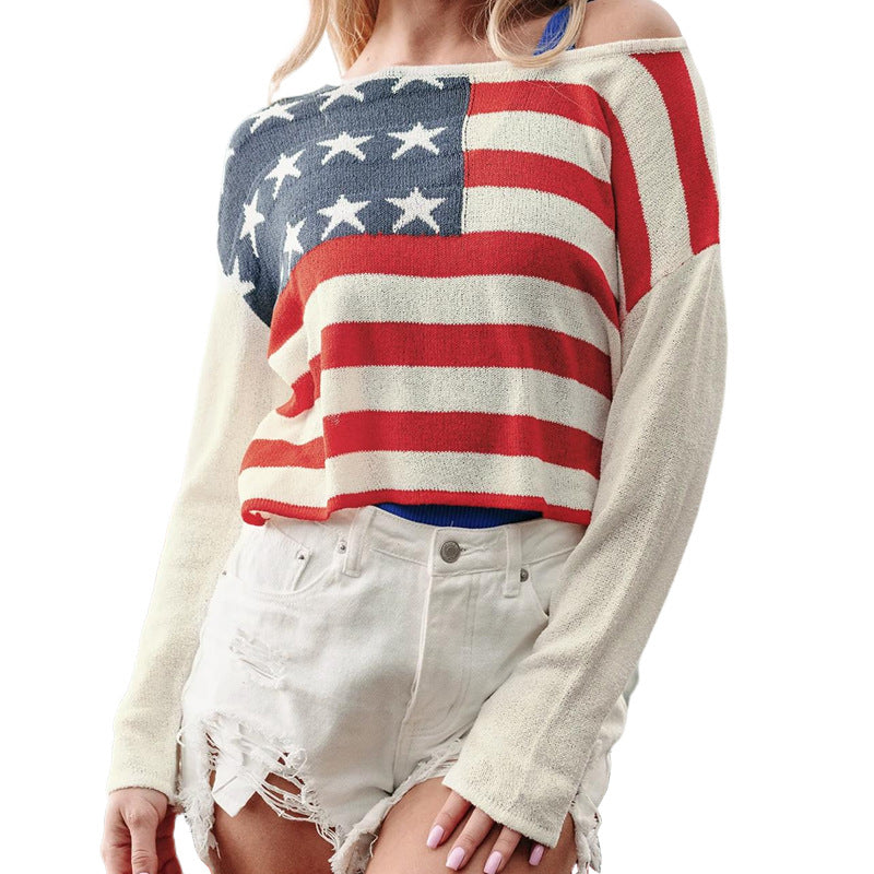 Damen lässiger Pullover mit Flaggenmuster und weiten Ärmeln R&B