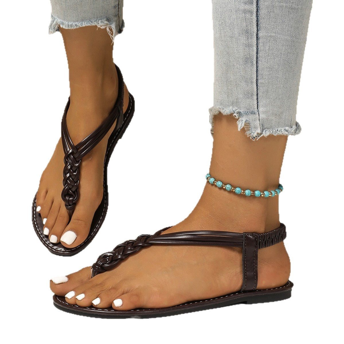 Damen Zehenstegsandalen mit geflochtenem Riemendesign und rutschfester Sohle R&B