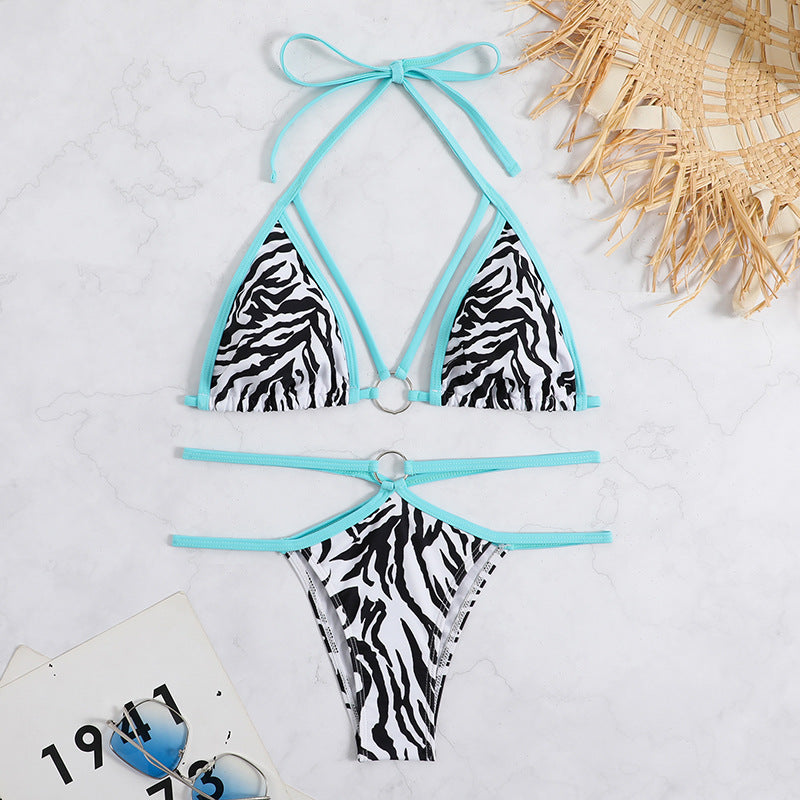 Damen Triangel-Bikini mit einzigartigem Ringdetail und trendy Zebra-Muster R&B