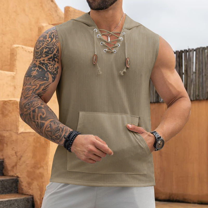 Herren Ärmelloses Sport-Tanktop mit Kapuze und Schnürung R&B