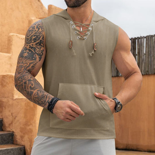 Herren Ärmelloses Sport-Tanktop mit Kapuze und Schnürung R&B