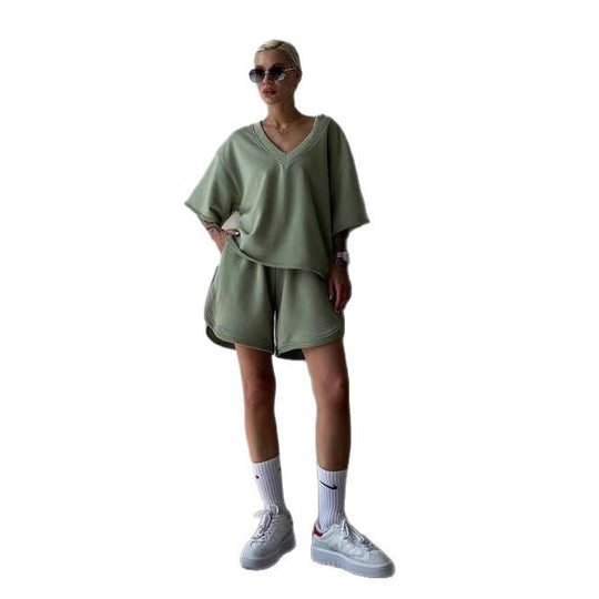 Damen lässiges Oberteil und Shorts-Set mit V-Ausschnitt und weitem Schnitt R&B