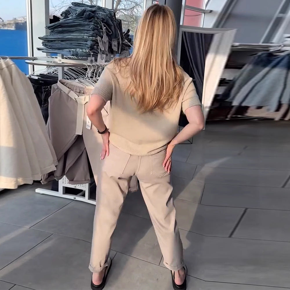 Damen nan lässige Baumwoll-Chino mit elastischem Komfortbund, Umschlag und Ziergürtel R&B