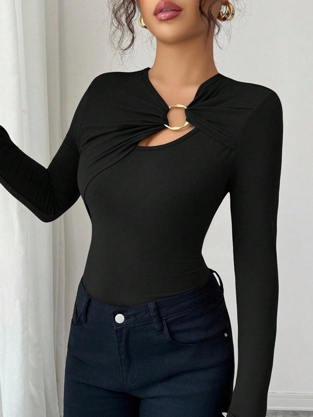 Damen nan figurbetonter Langarm-Body mit Leopardenprint und Zier-Ring R&B