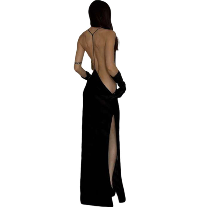 Damen elegantes Maxikleid mit tiefem Rückenausschnitt und feinem Streifenmuster R&B