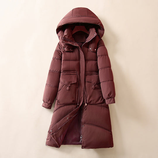 Damen Lange, warme Pufferjacke mit praktischen Taschen und Kapuze R&B