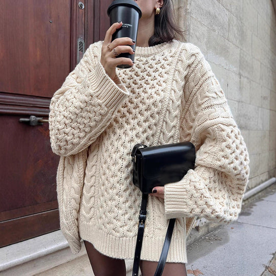Damen Oversized Strickpullover mit Zopfmuster R&B