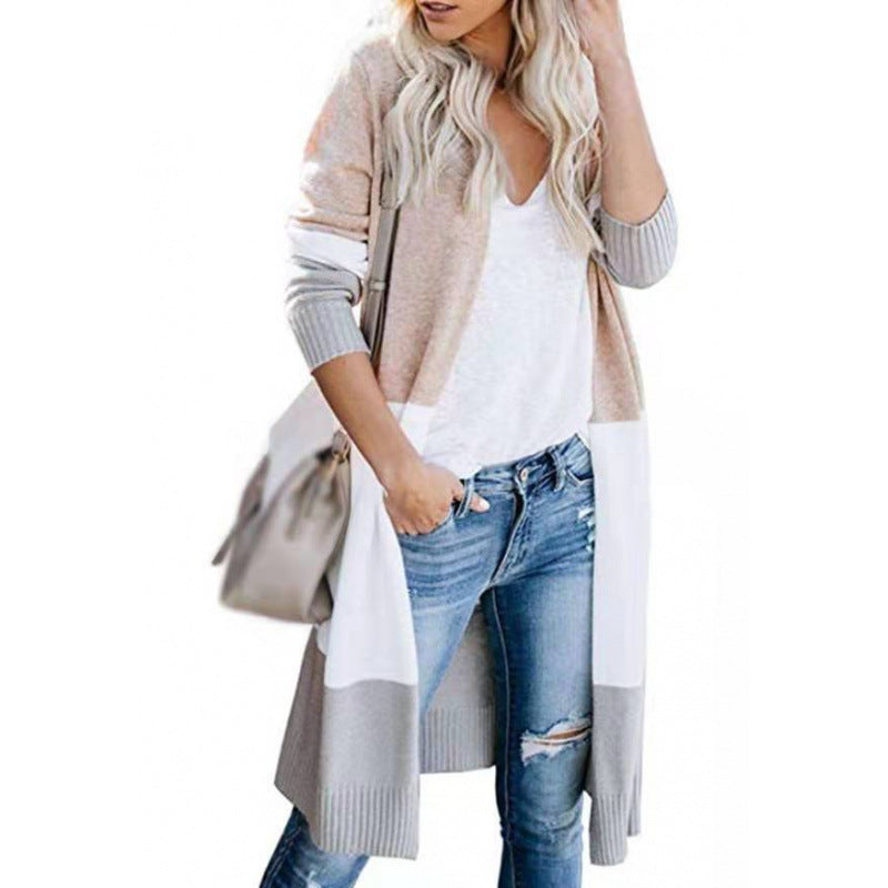 Damen lässiger Strickcardigan mit modernen Farbblockdetails und langen Ärmeln R&B