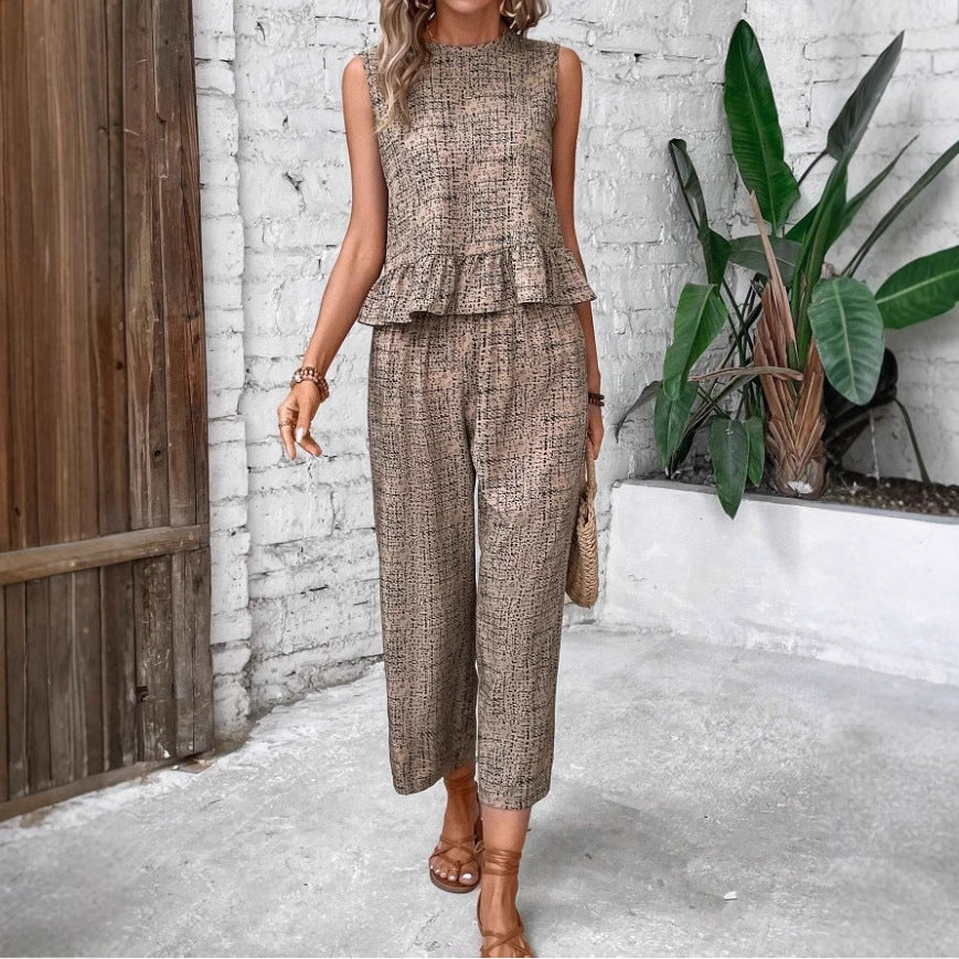 Damen zwei-teiliges Set mit peplum Oberteil und weit geschnittenen Hosen R&B