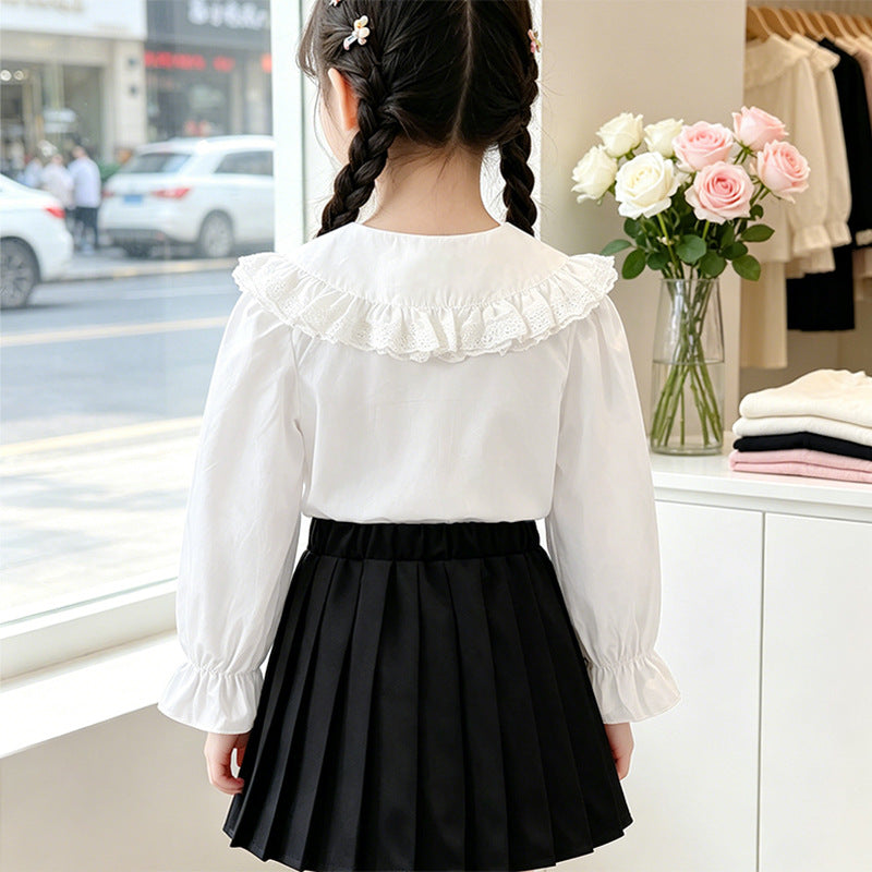 Mädchen Bluse mit voluminösem Spitzenkragen und Rüschendetails R&B