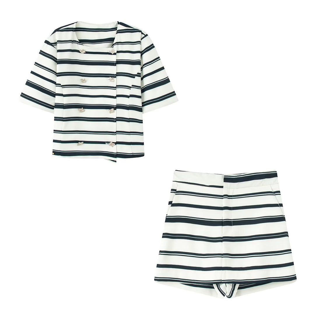 Damen gestreiftes Blazer- und Shorts-Set mit eleganten Knopfdetails R&B
