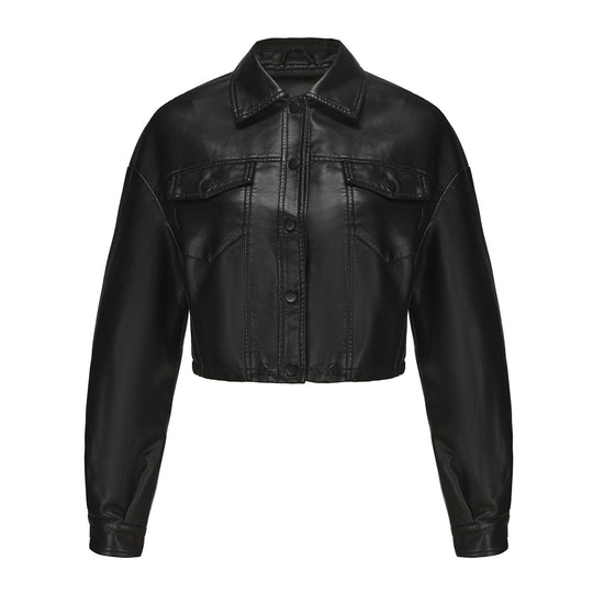 Übergangsjacke Damen schwarz cropped aus Kunstleder