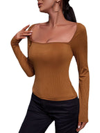 Damen Langarmshirt mit quadratischem Ausschnitt aus geripptem Material