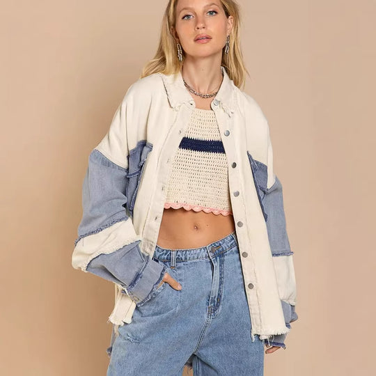 Damen Oversized Denim Jacke mit einzigartigen Farbblöcken und fransigen Details R&B