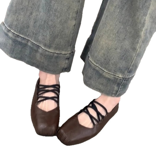 Damen Ballerina-Schuhe mit dekorativem Schnürdesign und hochwertiger Lederoberfläche R&B