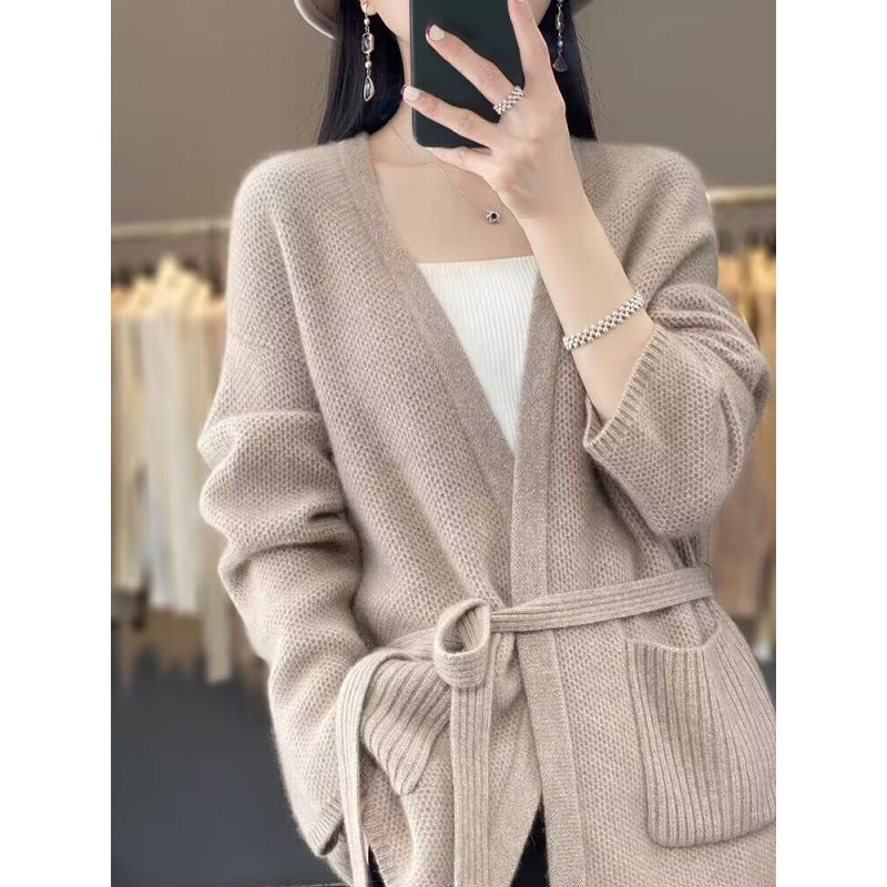 Damen bequeme Strickjacke mit Taillengürtel und Taschen R&B