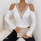 Damen elegantes Langarmshirt mit dekorativem Ausschnitt R&B