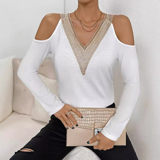 Damen nan Langarmshirt mit offenen Schultern und gehäkeltem V-Spitzenbesatz R&B