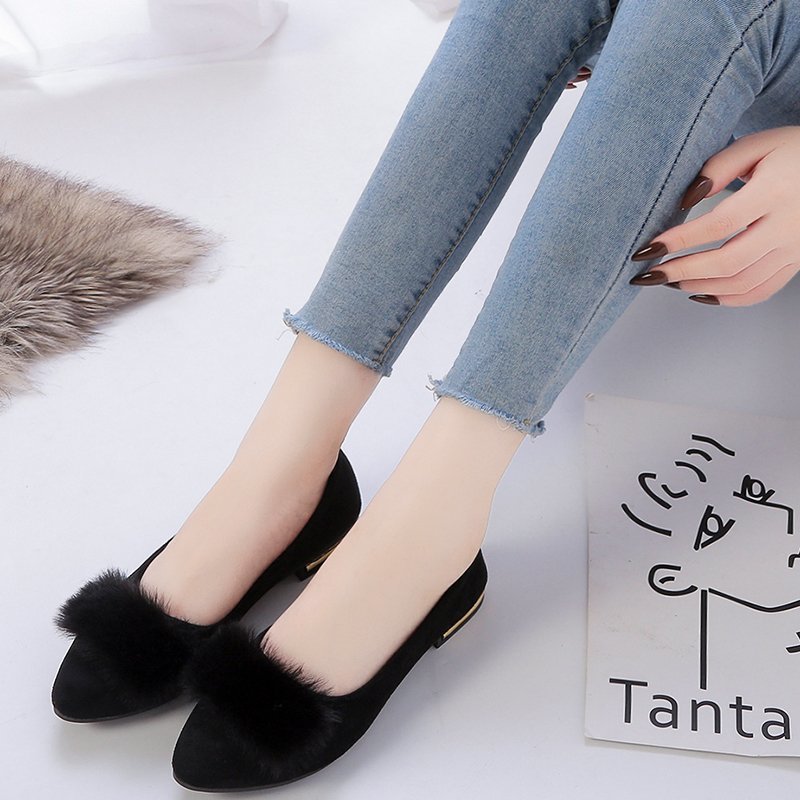 Damen nan spitze Ballerina mit Kunstvelours-Obermaterial, Kunstfell-Pompon und metallischer Absatzapplikation R&B