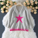Damen Strickpullover mit V-Ausschnitt und auffälligem Sternenmuster