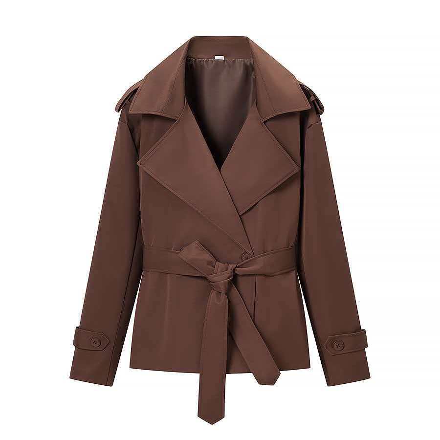 Damen nan kurze Trenchcoat Jacke mit Taillengürtel breitem Revers und dekorativen Schulterklappen R&B