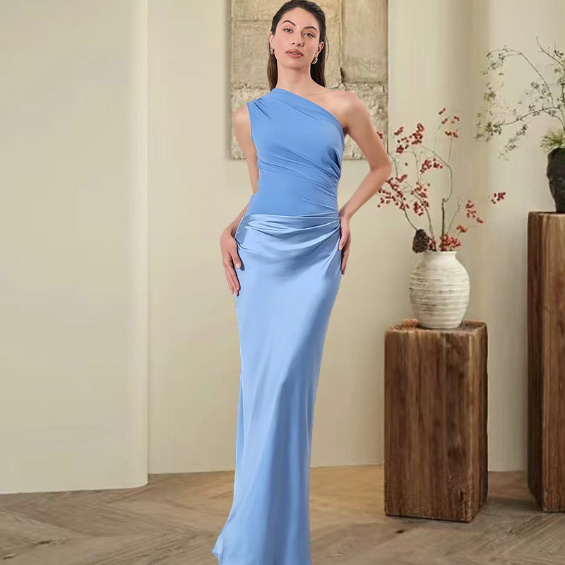 Damen Elegantes Asymmetrisches Abendkleid mit schimmerndem Satin R&B