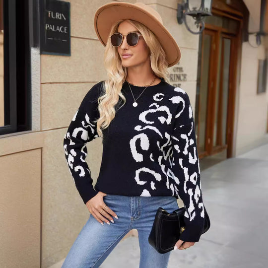 Damen Grob gestrickter Pullover mit modernem Leopardenmuster R&B