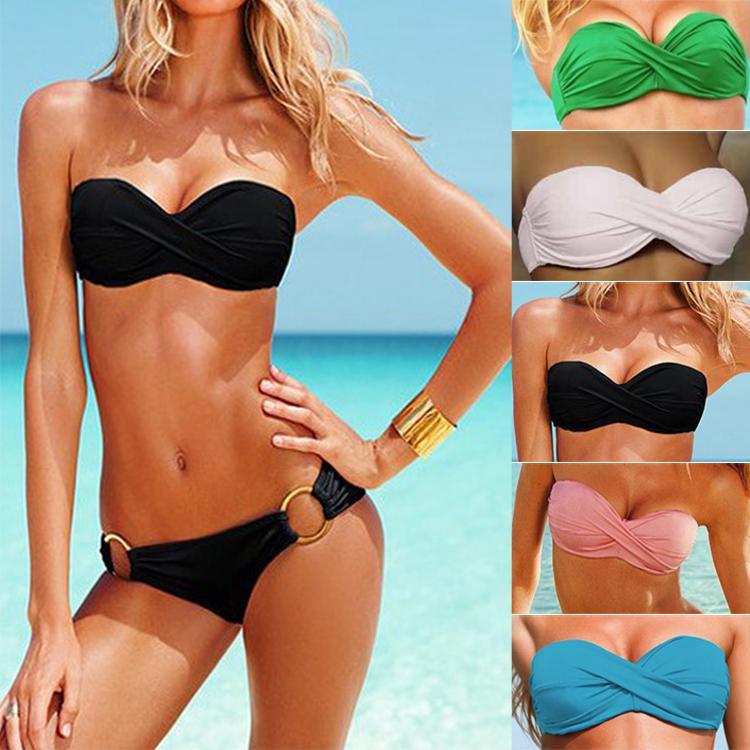 Damen Bandeau-Bikini mit elegantem Wickeldesign und goldenen Akzenten R&B