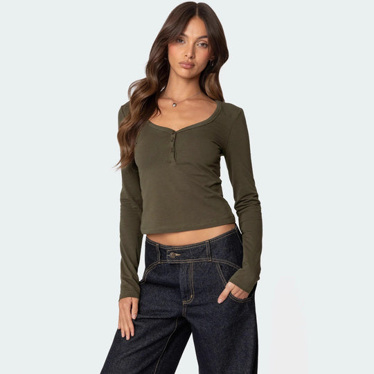 Damen Cropped Langarmhemd mit Knopfleiste und weichem Stoff R&B