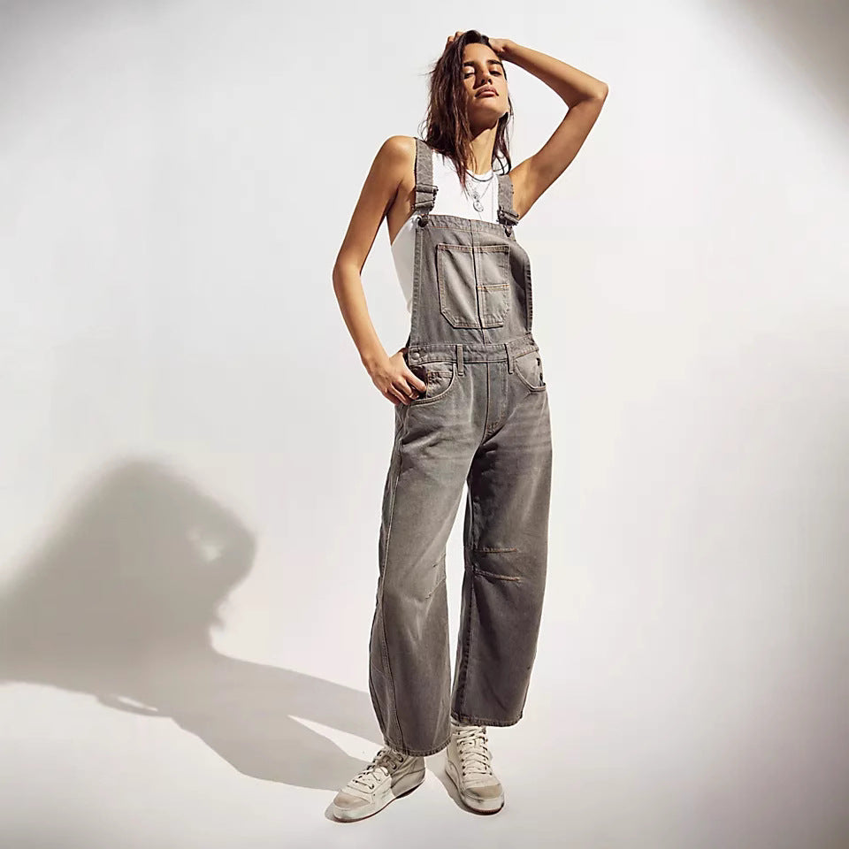 Damen lässige Denim-Latzhose im modernen Schnitt mit verstellbaren Trägern R&B