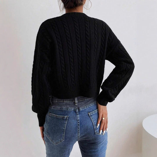 Damen Grobstrickpullover mit V-Ausschnitt und voluminösen Ärmeln R&B