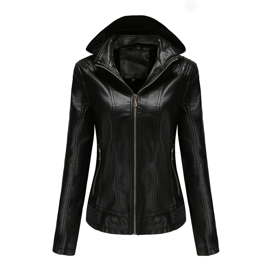 Damen stilvolle Kunstlederjacke mit hochabschließendem Kragen und elastischen Bündchen R&B