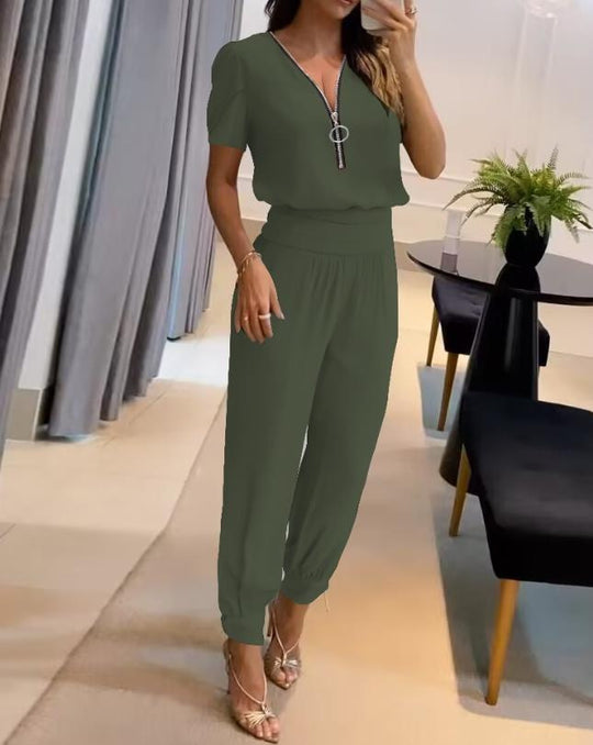 Damen Jumpsuit mit V-Ausschnitt und Gummizug R&B