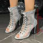 Damen Glitzernde High-Heels mit transparentem Netzdesign und eleganter Schnürung R&B