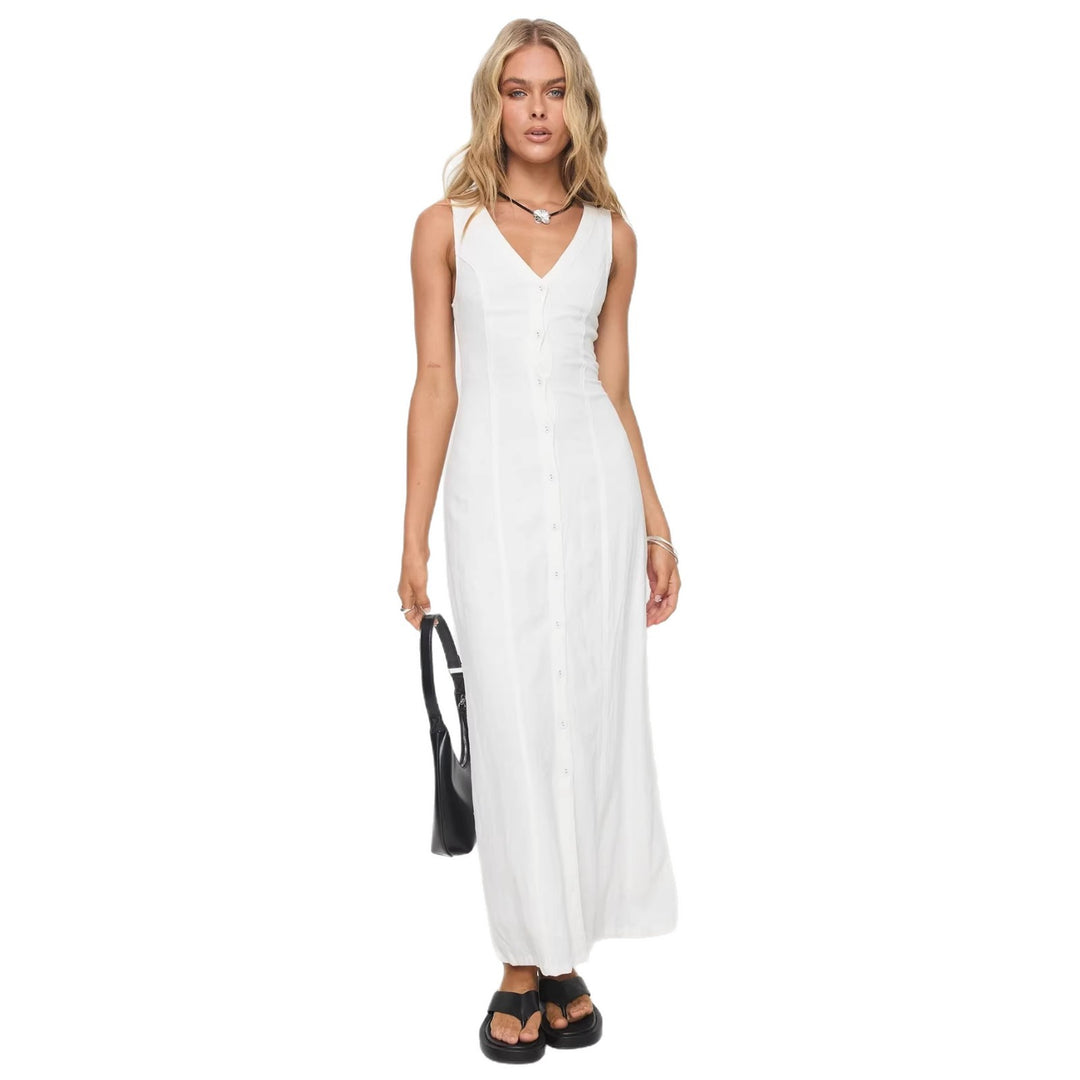 Damen Maxikleid mit knöpfbarem Ausschnitt und figurbetontem Schnitt R&B