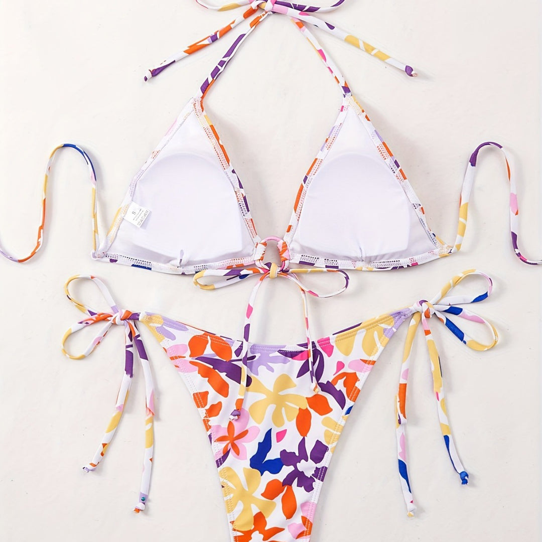 Damen Triangel-Bikini mit verstellbaren Schnüren und fröhlichem Blumenmuster R&B