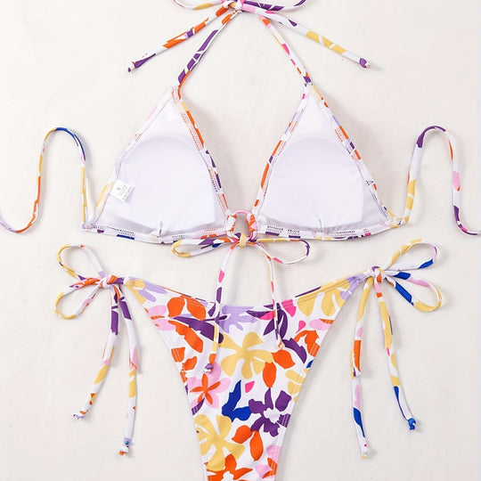 Damen Triangel-Bikini mit verstellbaren Schnüren und fröhlichem Blumenmuster R&B