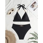 Damen Bandeau-Bikini mit gemustertem Oberteil und dekorativer Perlenverzierung R&B