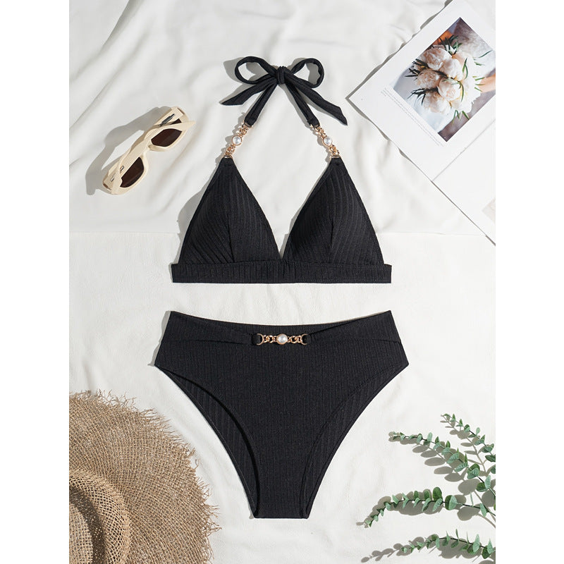 Damen Bandeau-Bikini mit gemustertem Oberteil und dekorativer Perlenverzierung R&B