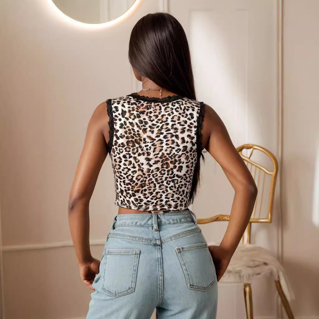 Damen Sexy Animal-Print Oberteil mit Spitzenakzenten und Schleifenbindung R&B