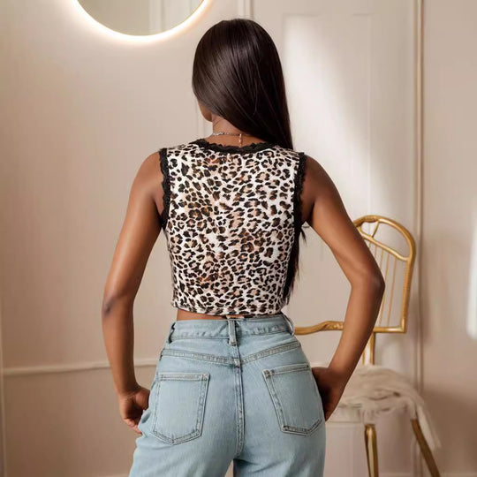 Damen Sexy Animal-Print Oberteil mit Spitzenakzenten und Schleifenbindung R&B