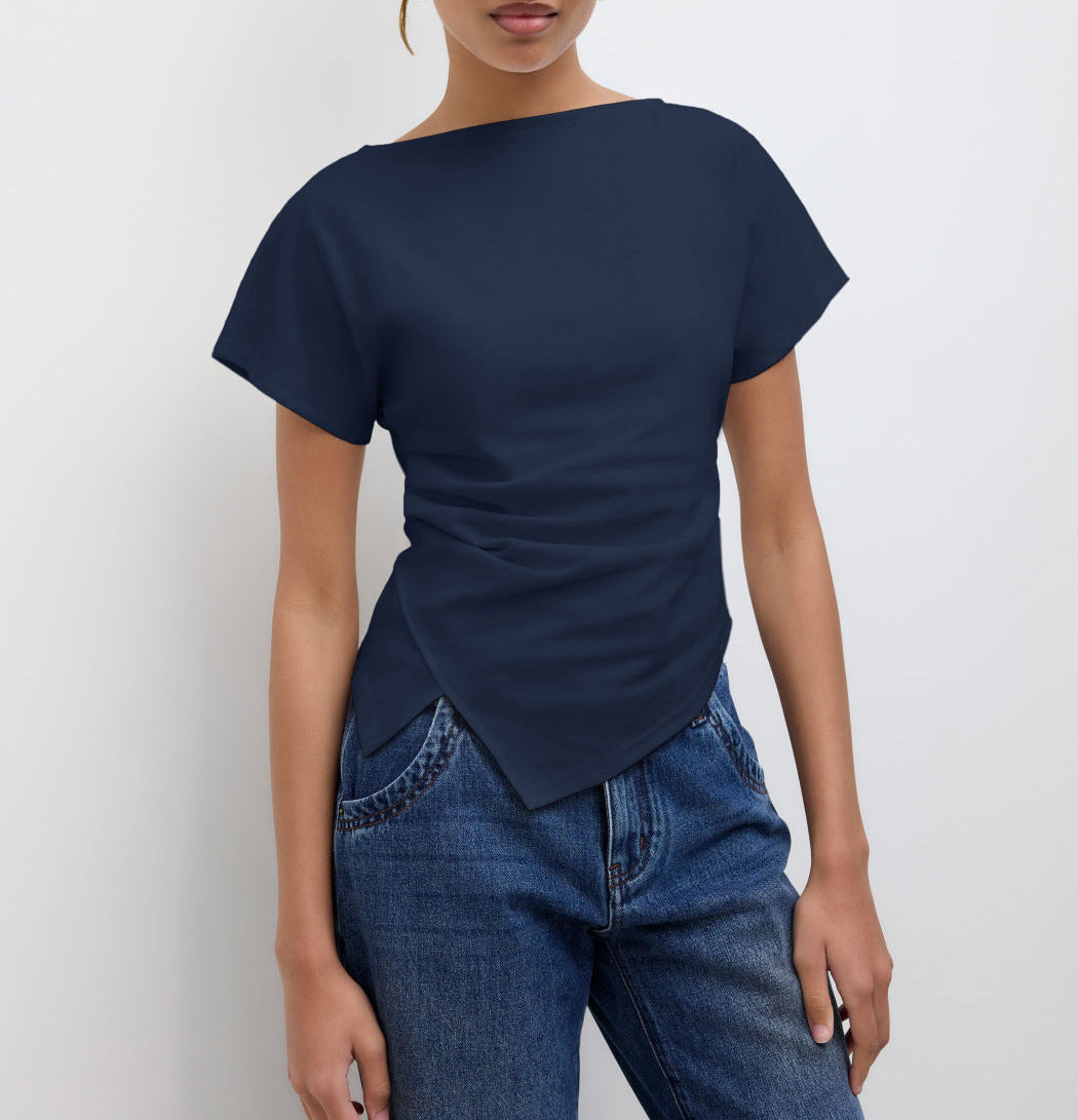 Damen Cropped T-Shirt mit asymmetrischem Schnitt und dekorativem Drapierungseffekt R&B