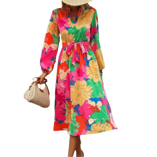 Damen Maxi-Kleid mit floralen Mustern und schwingendem Rock R&B